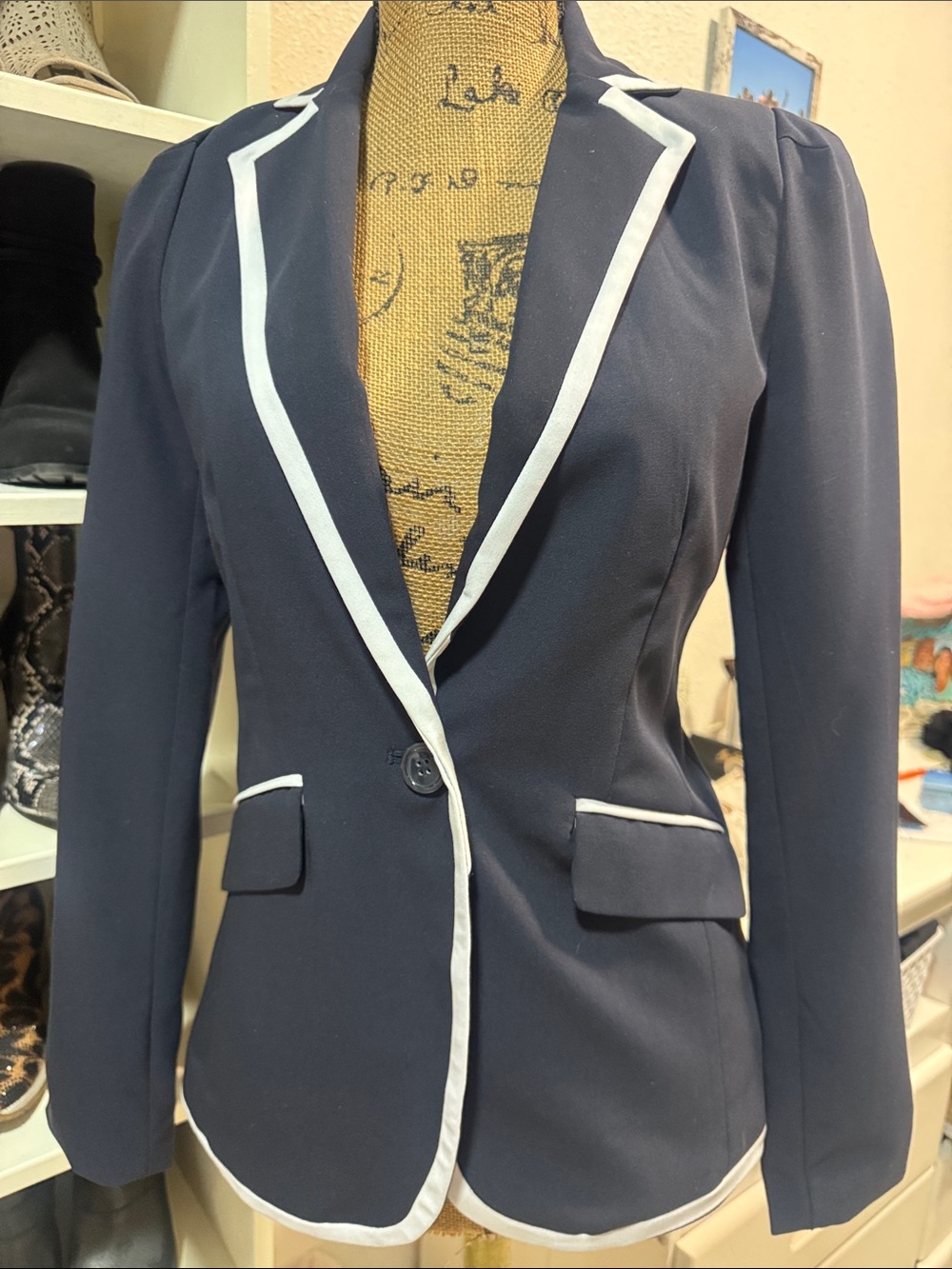Forever 21 Navy Blazer with White Piping